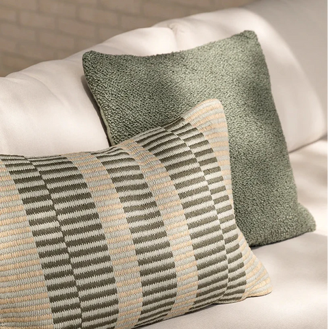 Piper Cushion in Eucalyptus styled indoors, showing the bouclé weave texture
