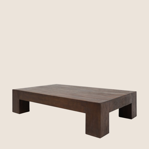 reclaimed elm coffee table with chunky 15cm square legs
