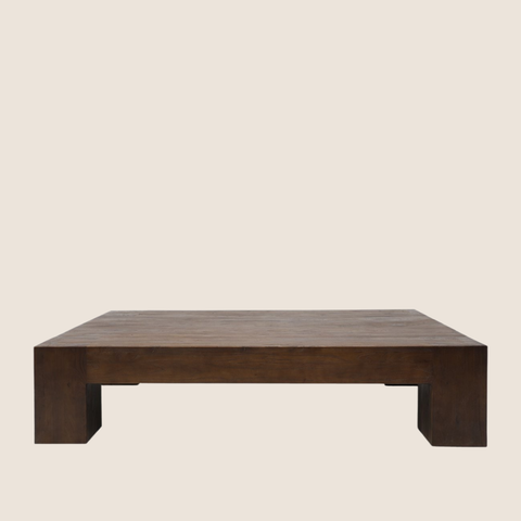 solid reclaimed elm coffee table in walnut brown with dovetail joins, 150x85cm, front view