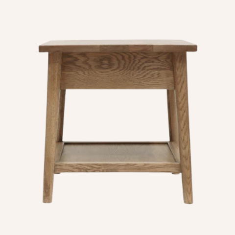 Vanessa Bedside Table back view showing angular leg construction and White Oak frame