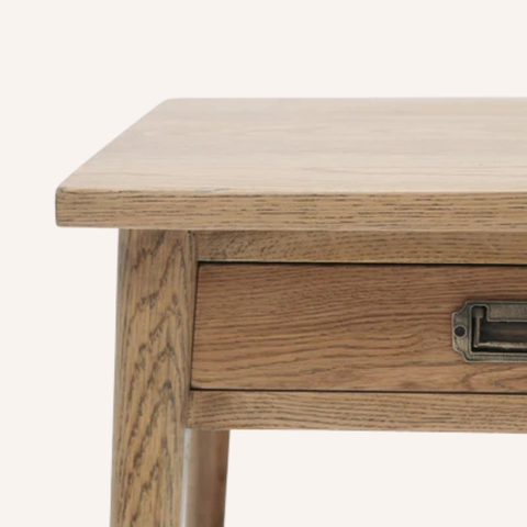 Close-up of Vanessa Bedside Table showing drawer and open lower shelf detail
