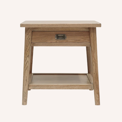 Vanessa Bedside Table in American White Oak, front view showing angular legs and drawer