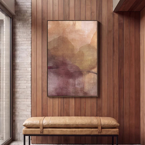 Viola textured impressionistic abstract framed canvas in ochre, plum and earthy tones, 80x120cm, walnut veneer frame