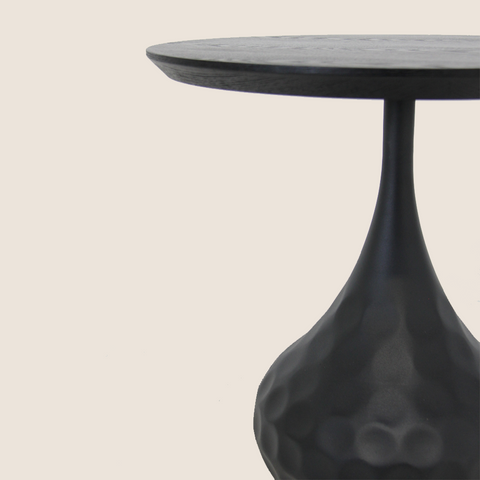 Bubble Tall Round Table 50cm black oak top with teardrop metal base, front view