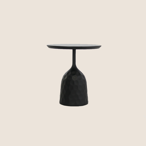 Bubble Tall Round Table close-up showing black oak grain and metal base junction