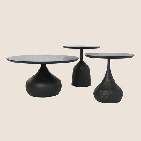 Bubble nesting tables set of three black oak and teardrop metal base, styled together
