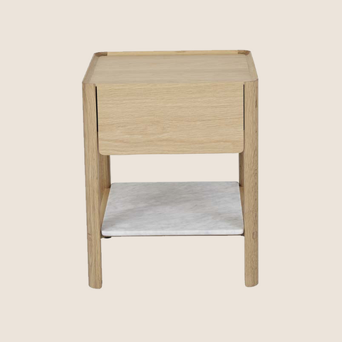 Jesse bedside table oak with marble shelf variant, front view