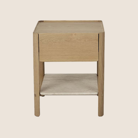 Jesse bedside table oak with travertine shelf variant, front view