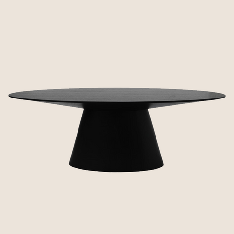 Matthew dining table in matt dark oak veneer with pillar base, front view