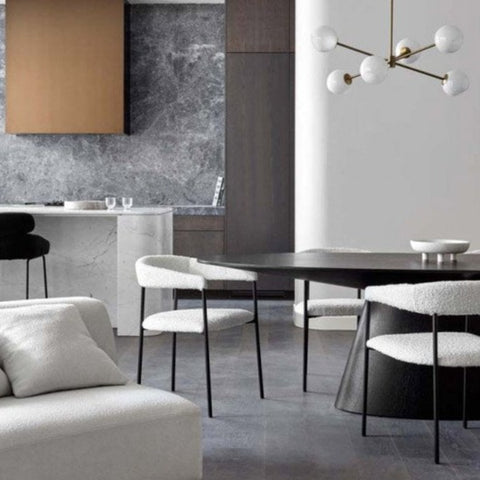 Matthew dining table matt dark oak, lifestyle shot with dining chairs
