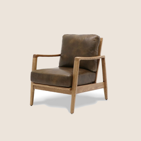 Wanaka Armchair in Brown Leather and Oak Frame, front view